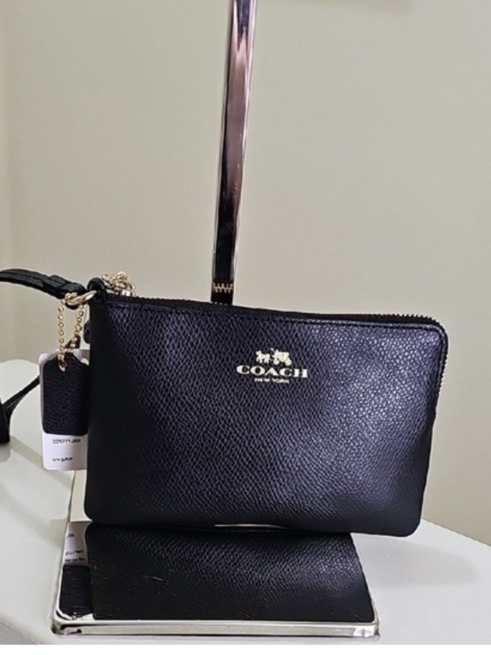 Coach Black Pebbled Leather Wristlet with Gold Logo